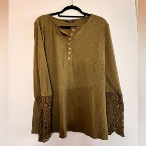 Women’s Olive Green Henley Top with Crochet Sleeve Detail